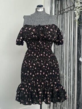 Floral Off-Shoulder Smocked Mini Dress - Black with Pink Floral